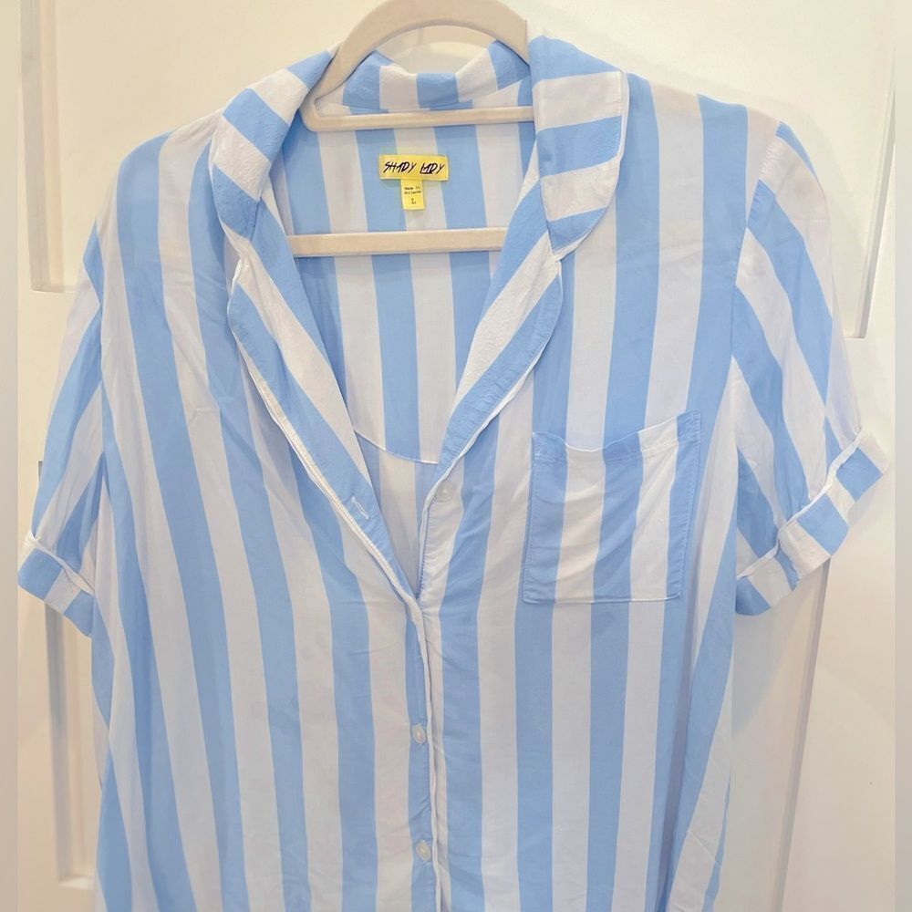 NWOT SHADY LADY SHORT SLEEVE PAJAMA/ LOUNGE TOP BLUE/WHITE STRIPES SIZE LARGE - Picture 11 of 16